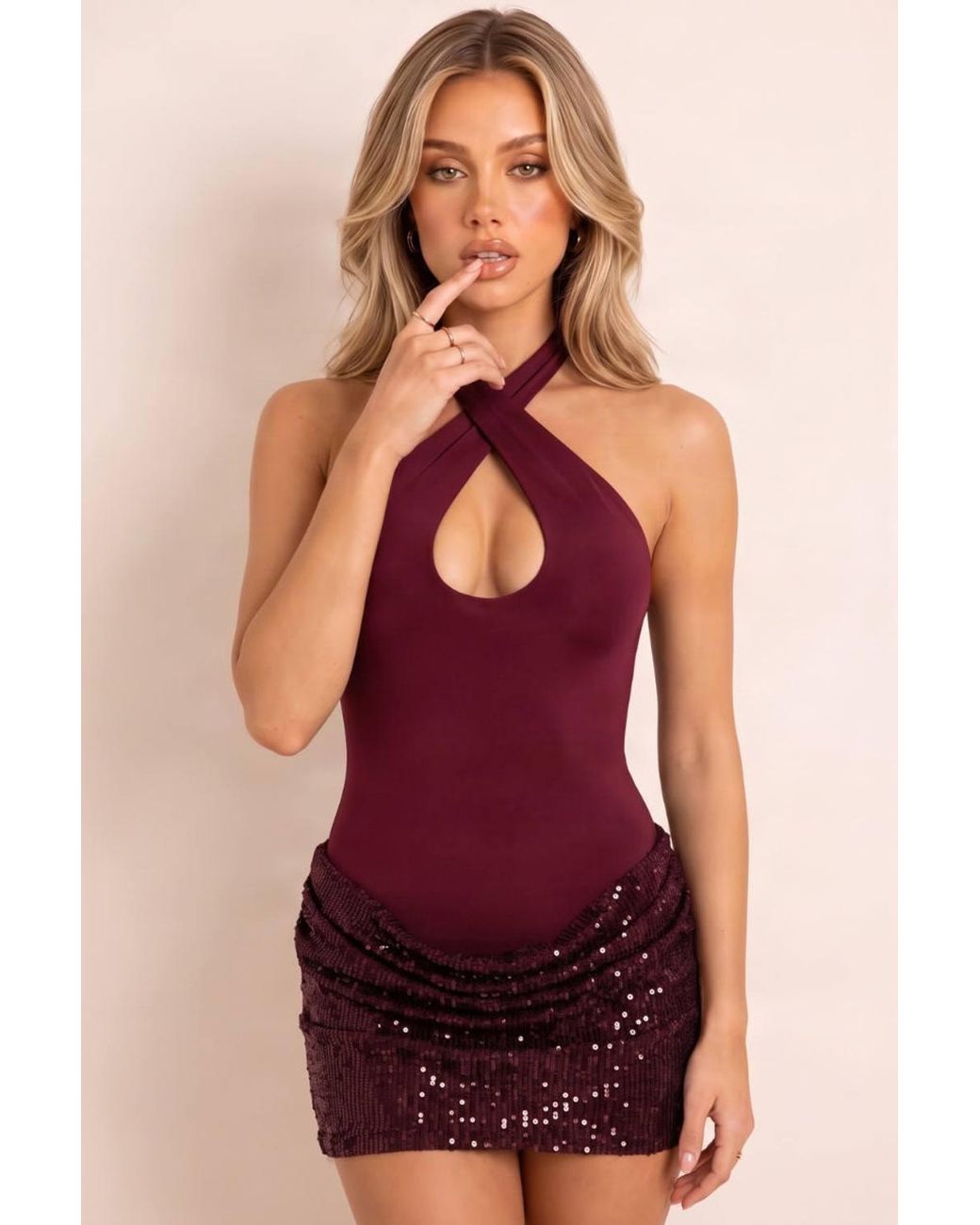 Rebellious Fashion Red Thea Slinky Cross Front Halter Sequin Skirt Mini Dress