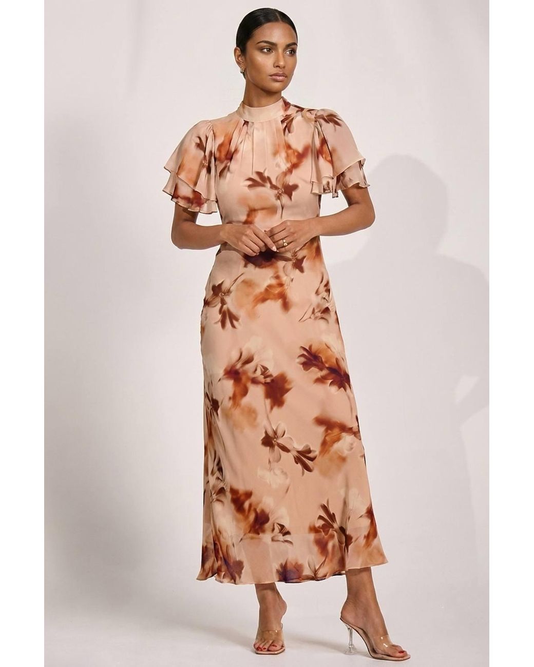 Jolie Moi Natural High Neck Angel Sleeve Chiffon Maxi Dress