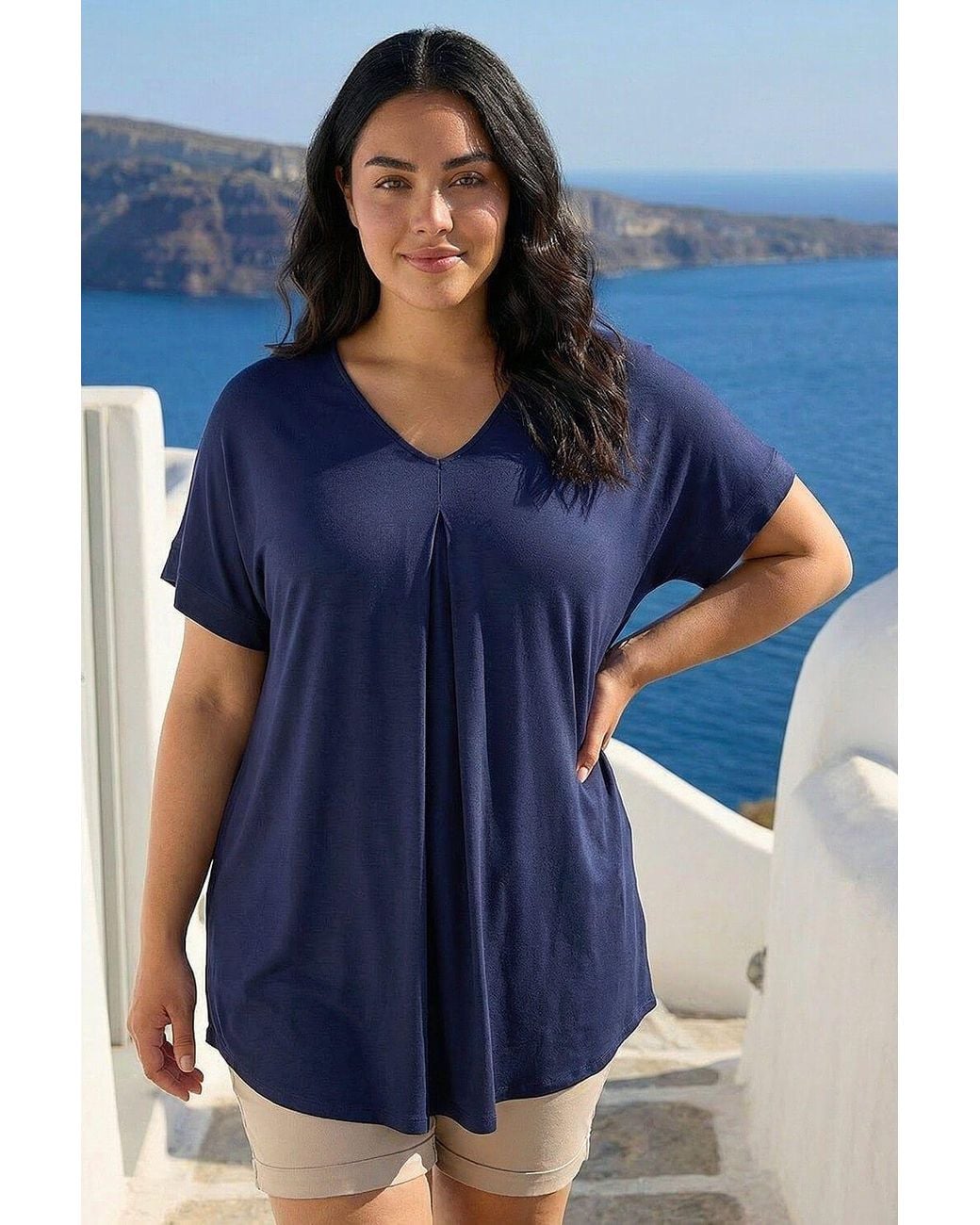 Roman Blue Curve Plain Pleat Front Tunic Stretch Top