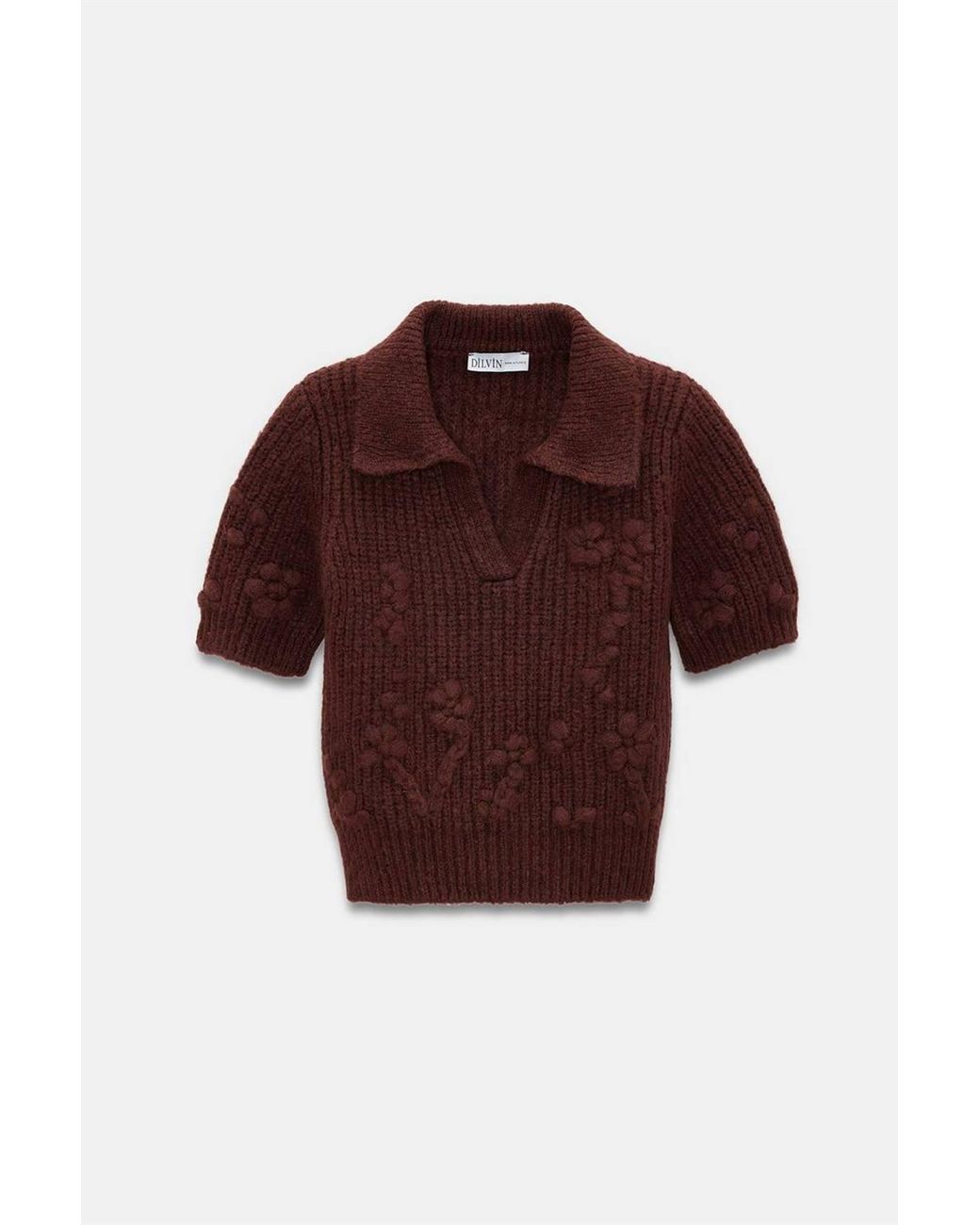 Dilvin Brown Textured Ribbed Polo-Collar Sweater