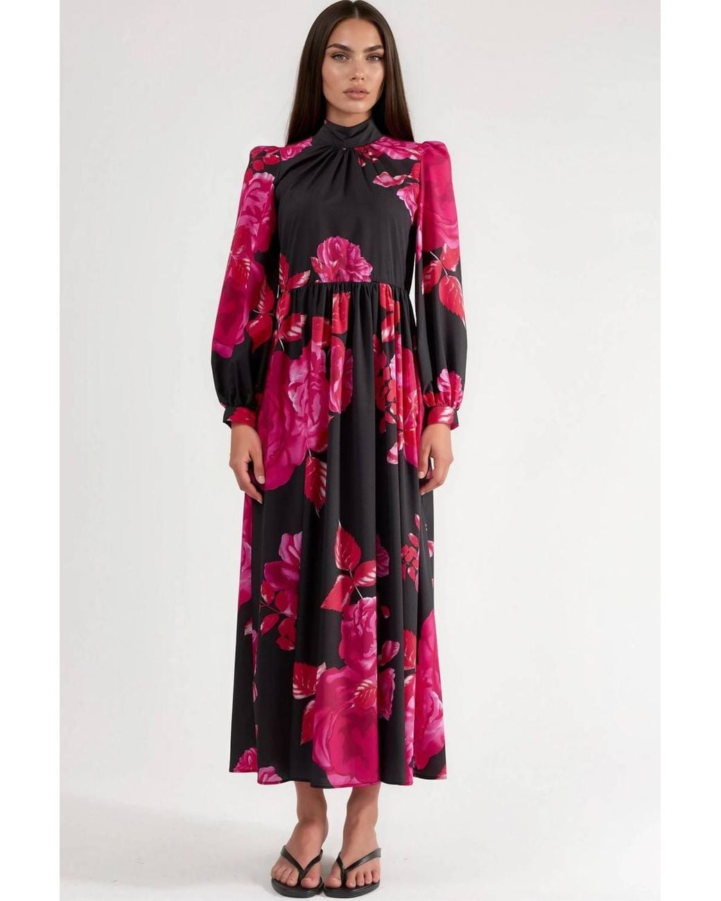 Msn-Collection Red Floral Belted Maxi Dress With Half Turtleneck