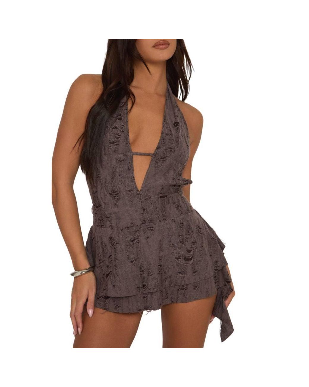 Rebellious Fashion Brown Distressed Plunge Mini Dress