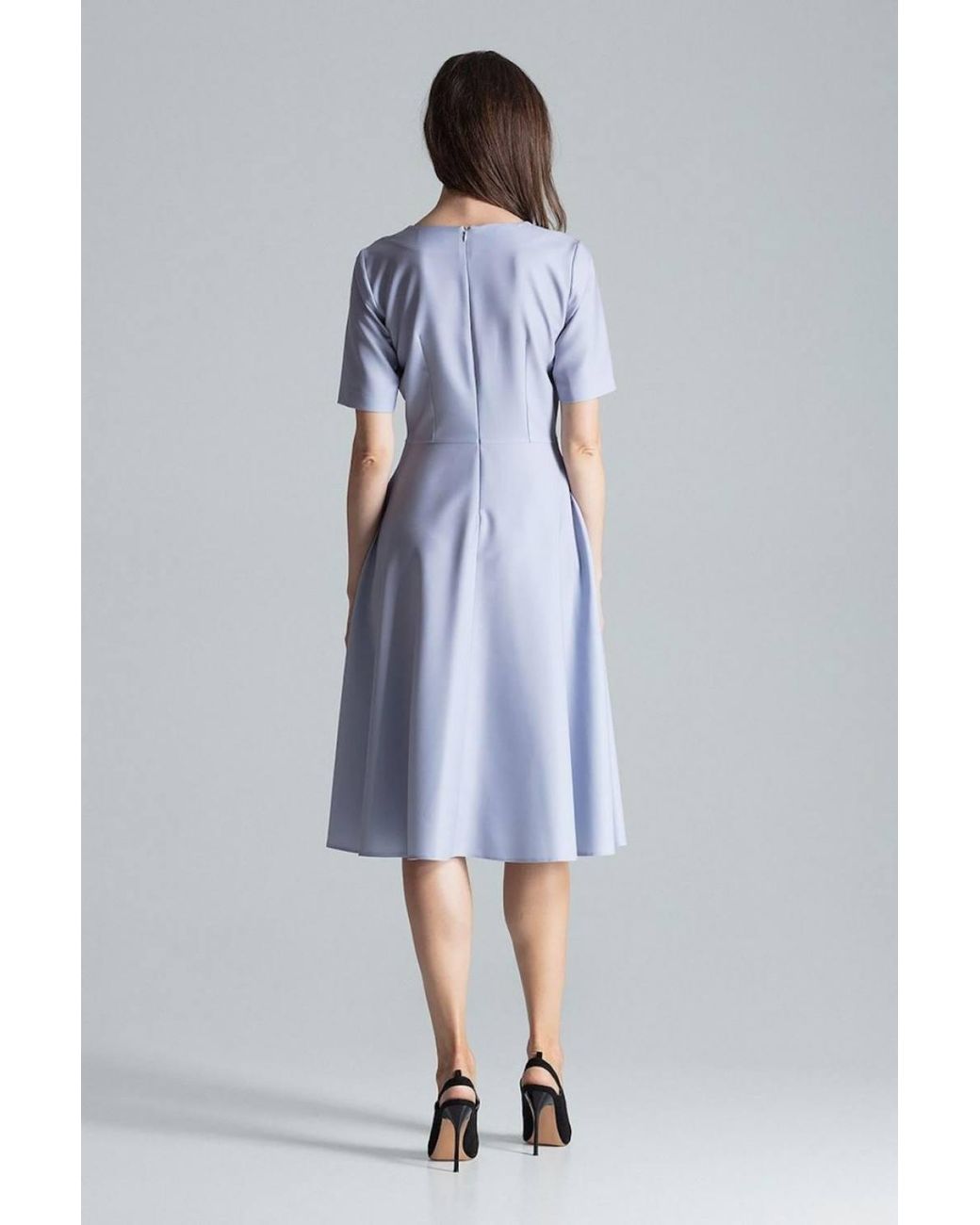 Love Lace Blue Flared Midi Dress With Short Sleeves Pockets