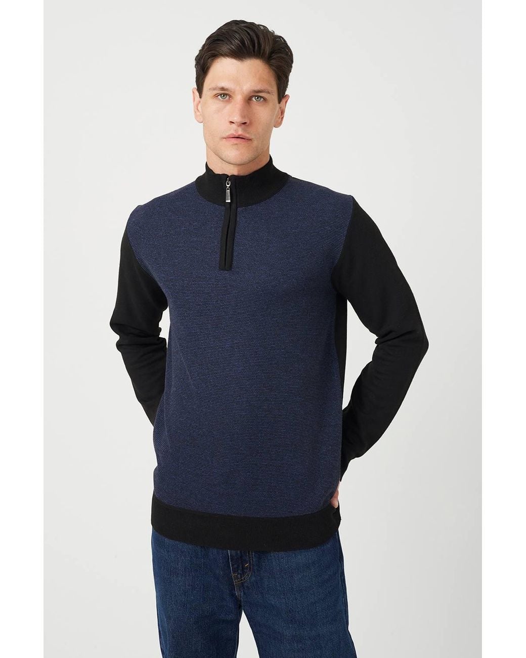 Brave Soul Blue Contrast Panel Quarter Zip Jumper for men