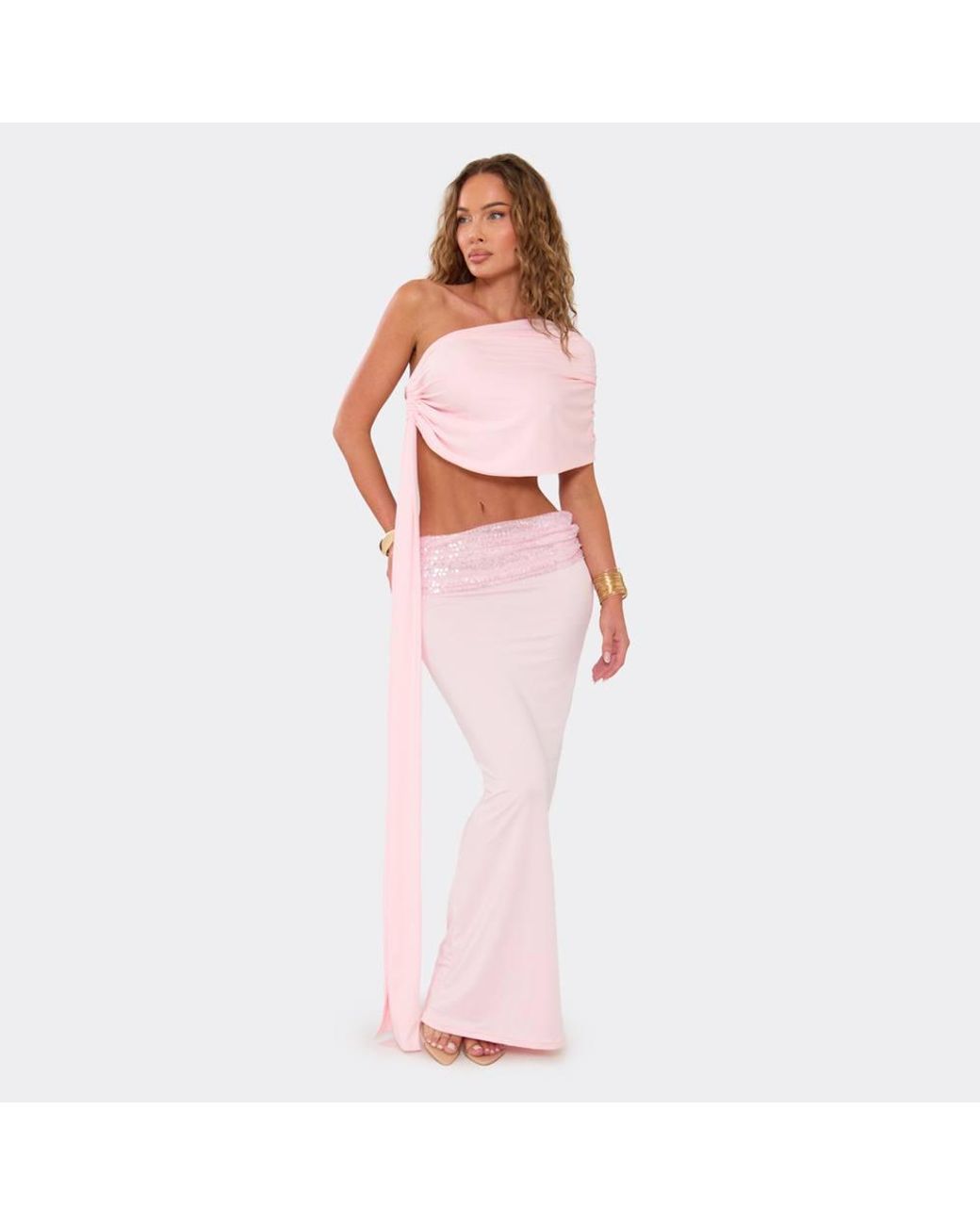 EGO Pink Strappy Off-The Shoulder Drape Slinky Maxi Top