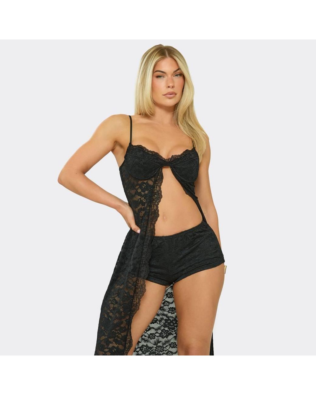 EGO Black Strappy Sweetheart Neckline Split Front Lace Top