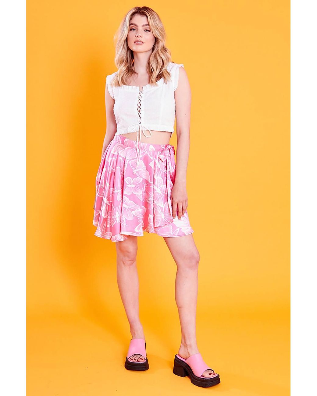 Neon Rose Orange Butterfly Print Satin Wrap Mini Skirt