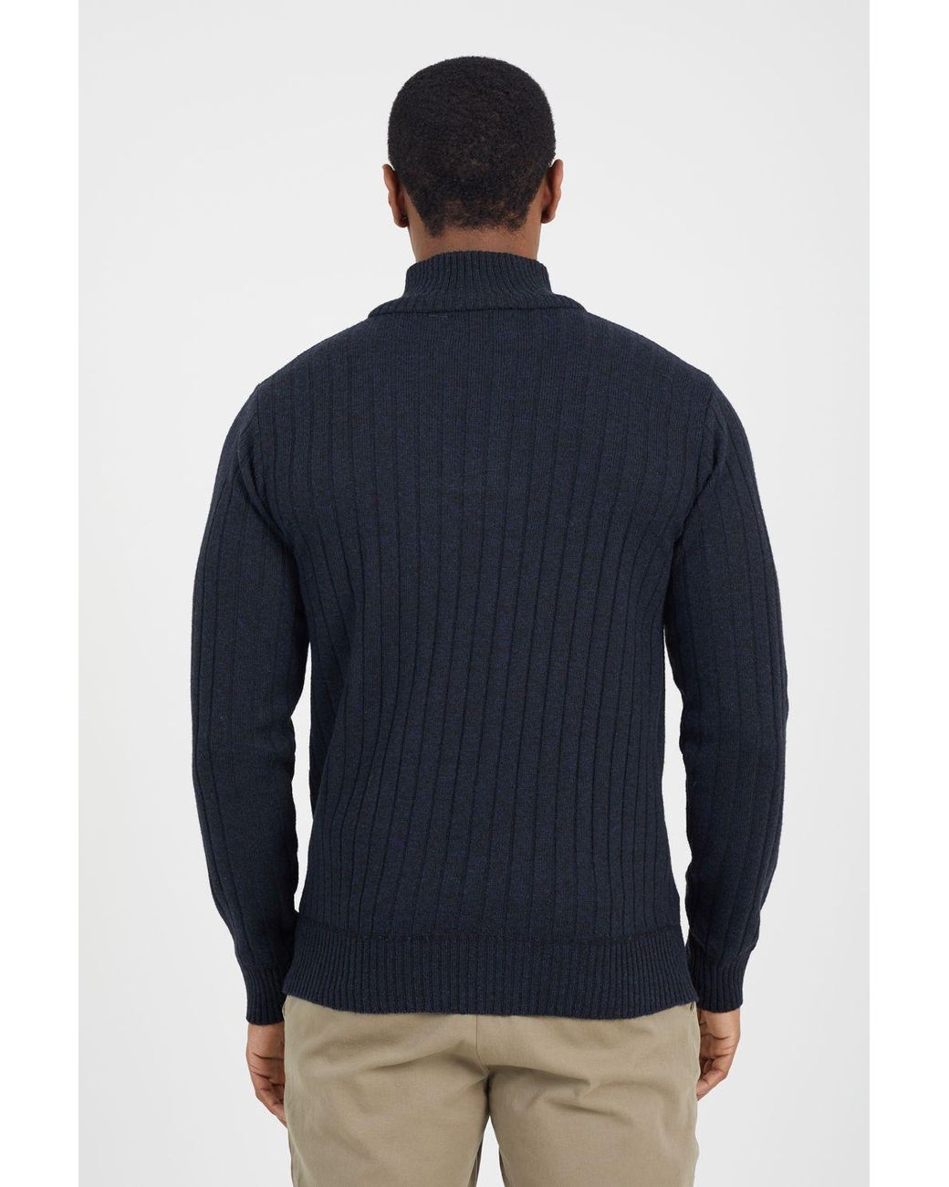 Brave Soul Blue Quarter Zip Funnel Neck Rib Knit Jumper for men
