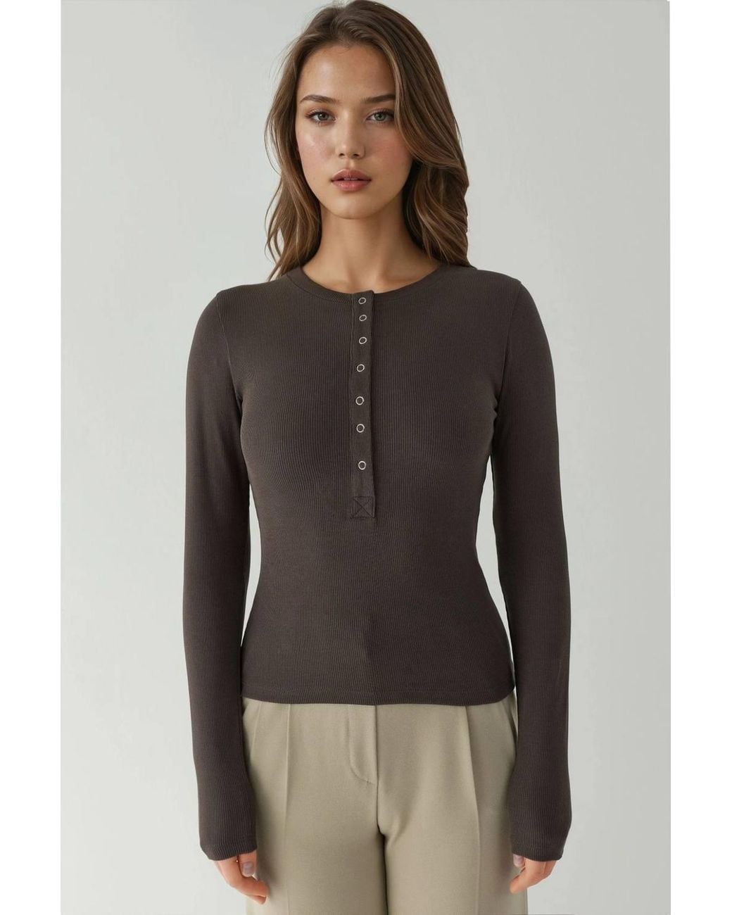 Hiccup Gray Ribbed Snap Button Knitted Top