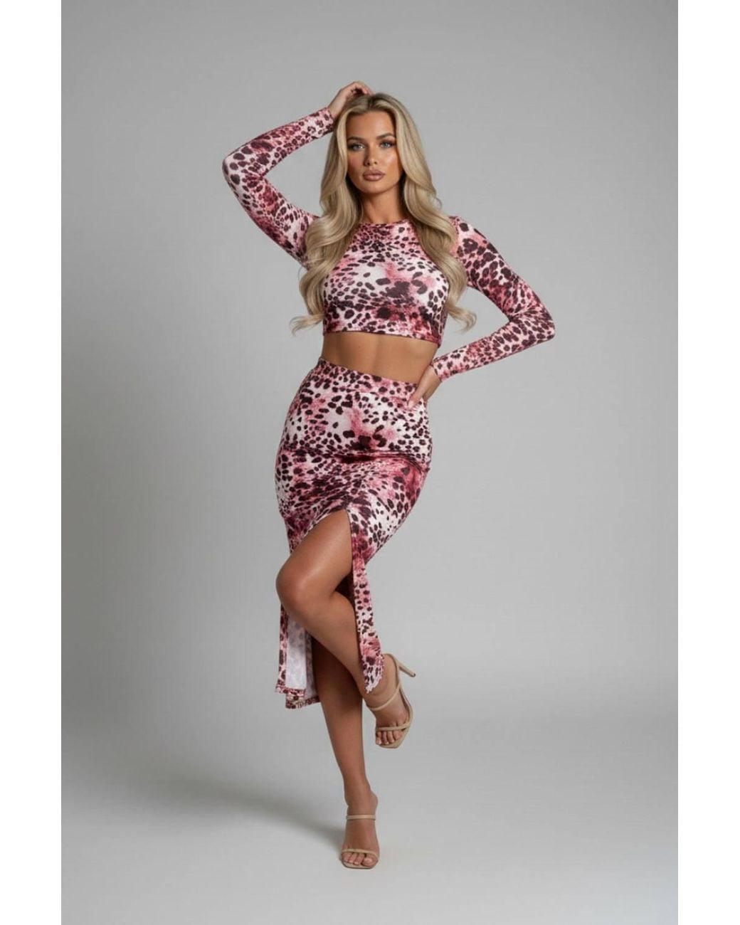 Stylewise Pink Printed Long Sleeve Crop Top & Midi Skirt Co-Ord