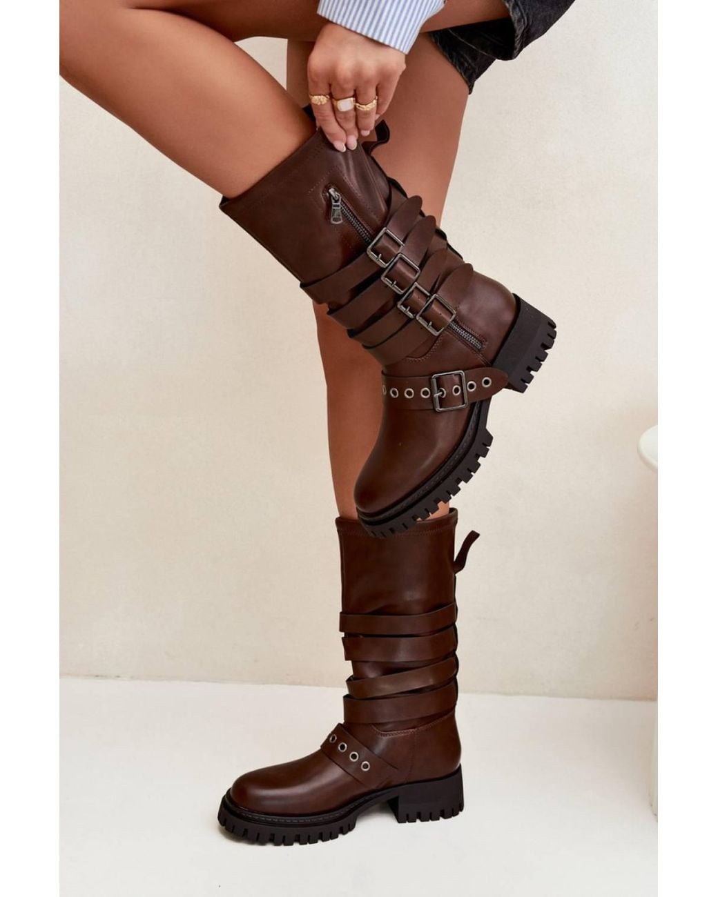 Love Lace Brown Mid Calf Slip On Block Heel Boots With Buckle Straps Zipper