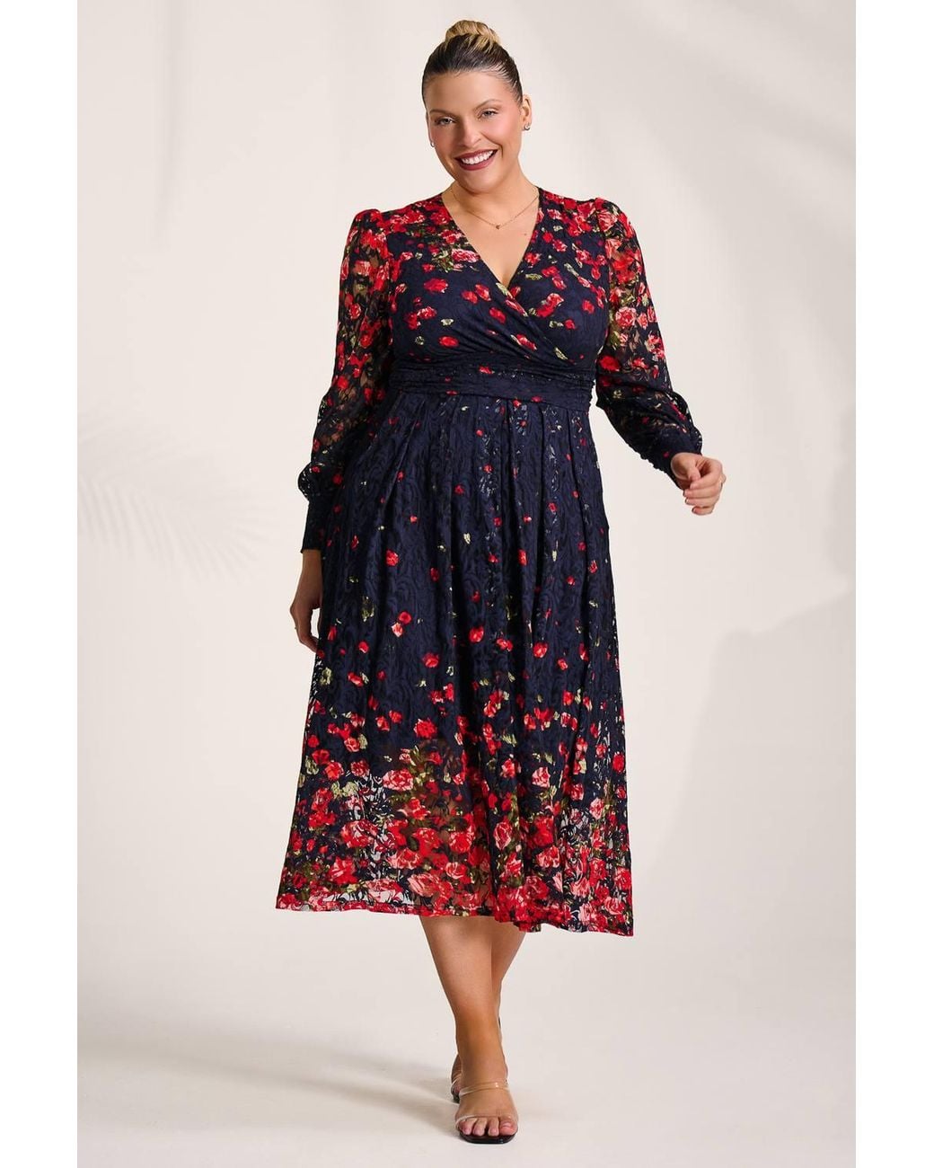 Jolie Moi Red Long Sleeve Printed Lace Maxi Dress