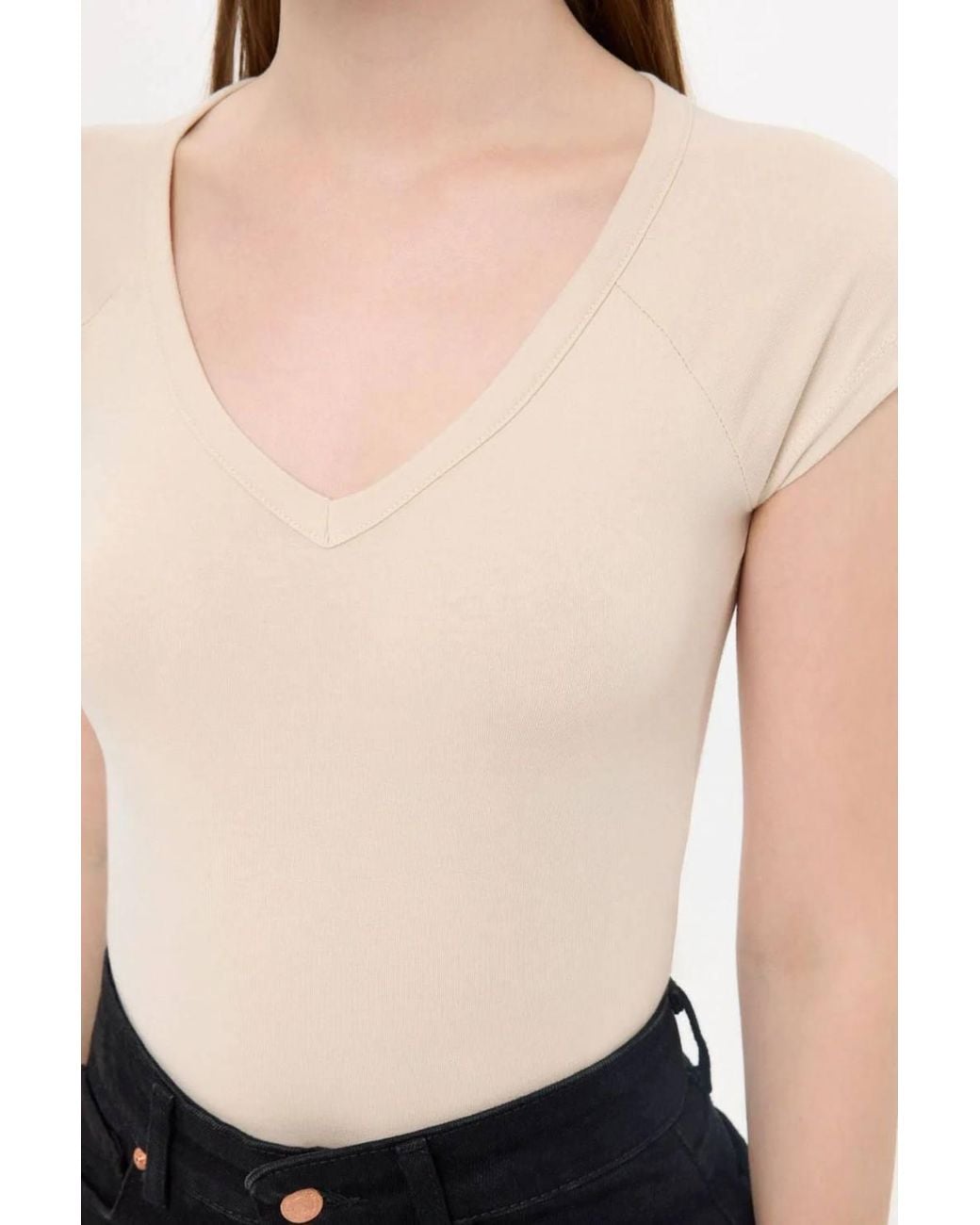 Hiccup Black Basic Cap-Sleeve V-Neck T-Shirt