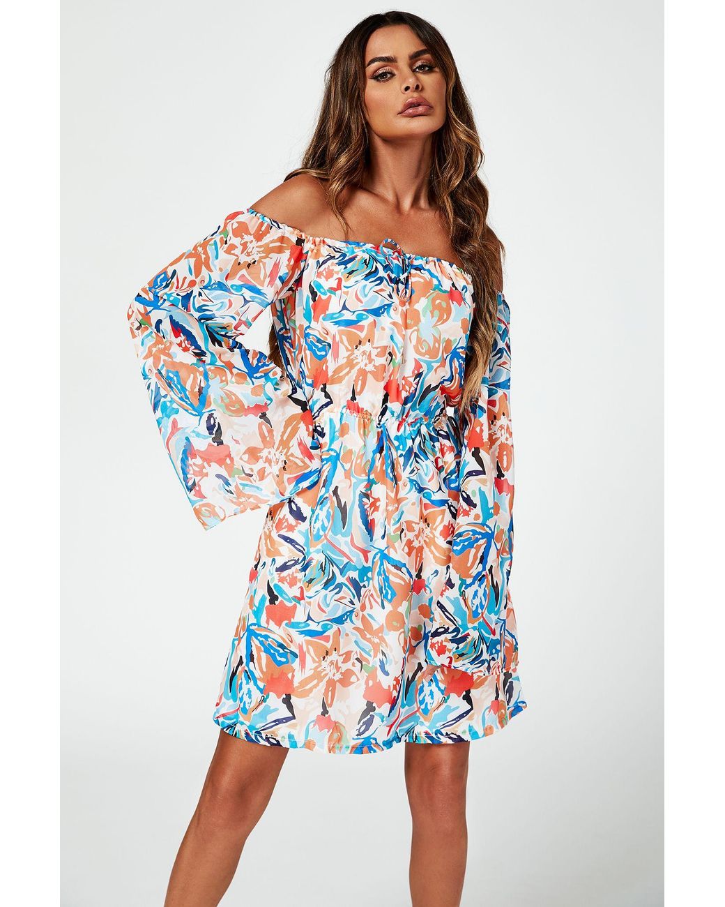 FS Collection Blue Flute Sleeve Bardot Dress With Tie Detail