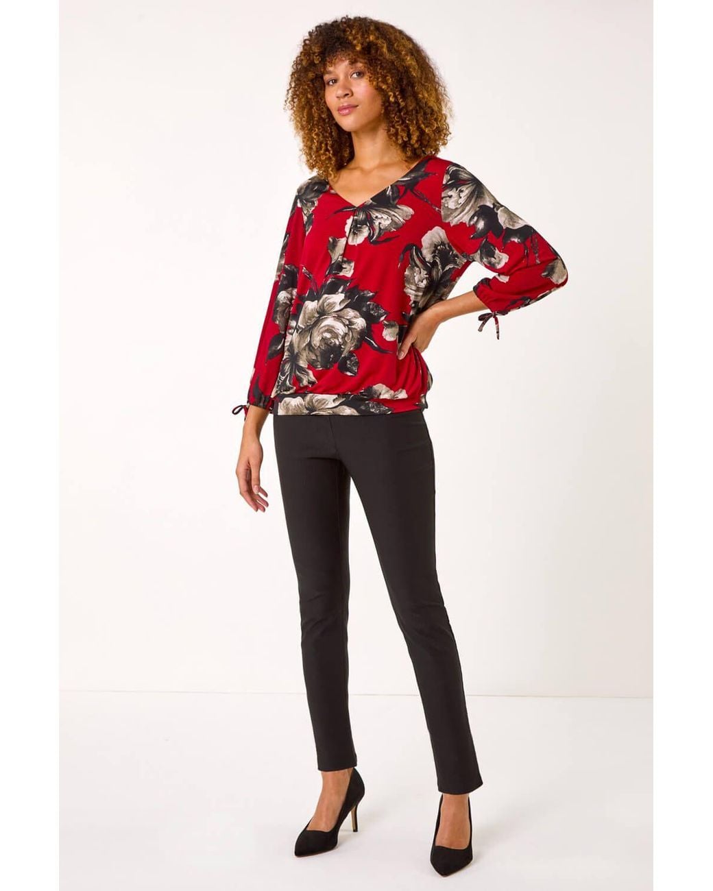 Roman Red V-Neck Floral Print Tie Sleeve Top