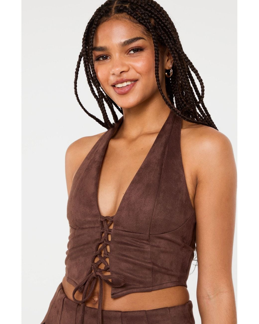 Pink Vanilla Brown Suedette Lace Halterneck Top
