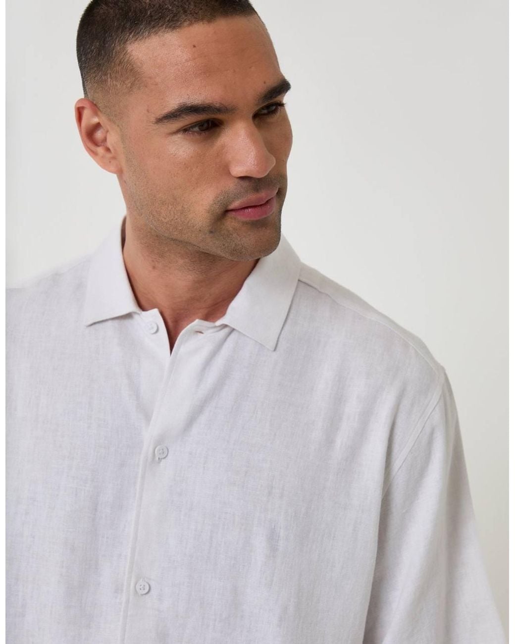 Threadbare White Boxy Fit Linen Blend Short Sleeve Shirt for men