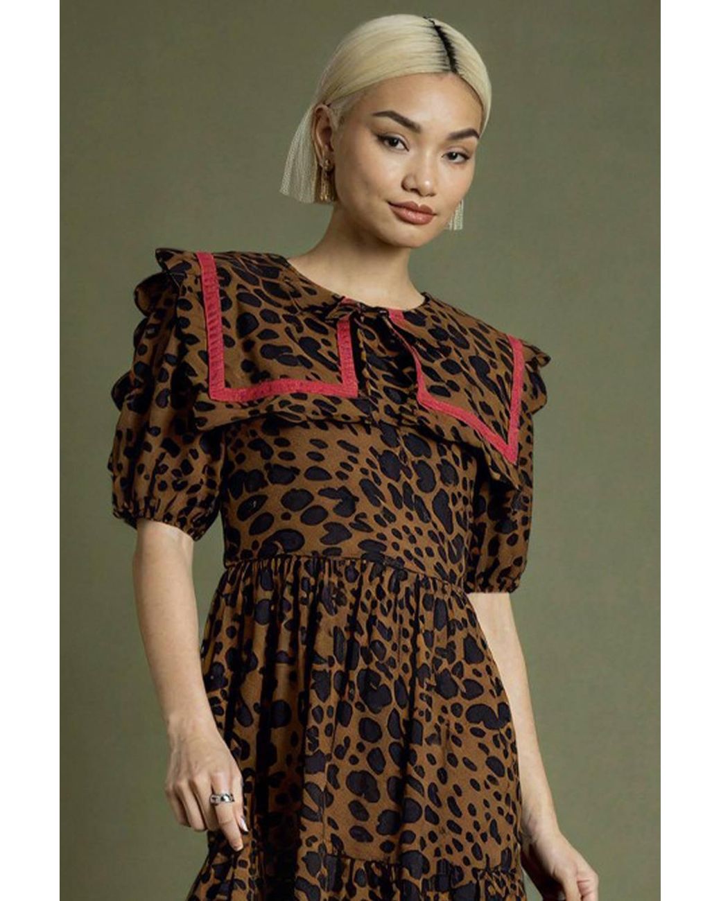 Neon Rose Green Cotton Leopard Print Crochet Trim Midi Dress