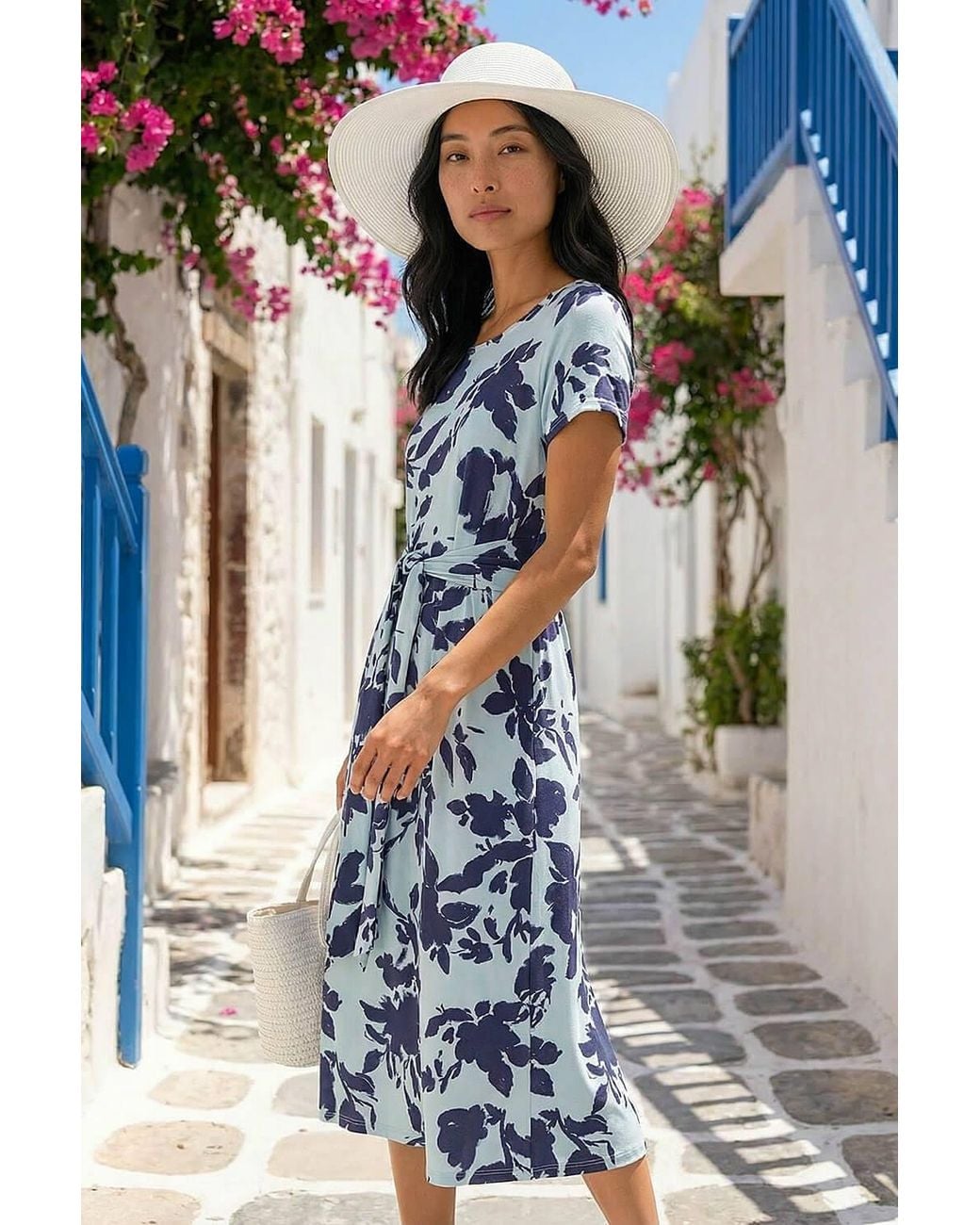 Roman Blue Petite Floral Tie Front Stretch Midi Dress