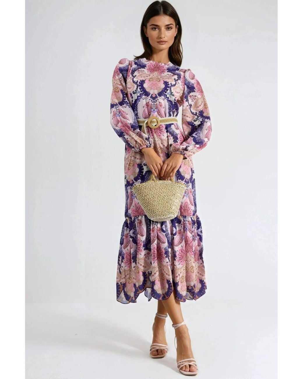 Msn-Collection Red Belted Paisley Patterned Midi Dress