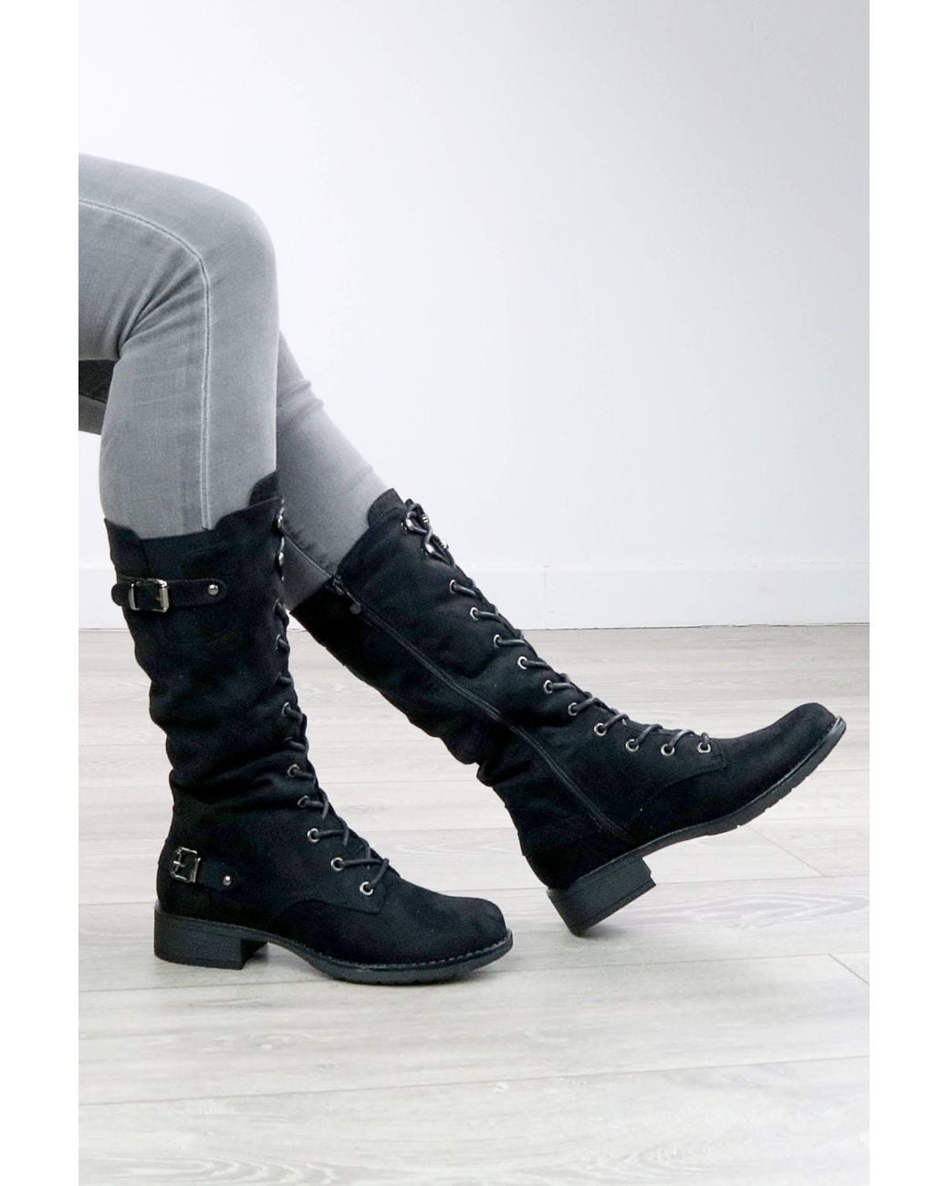 AJVANI Gray Lace Up Military Combat Biker Style Calf Boots