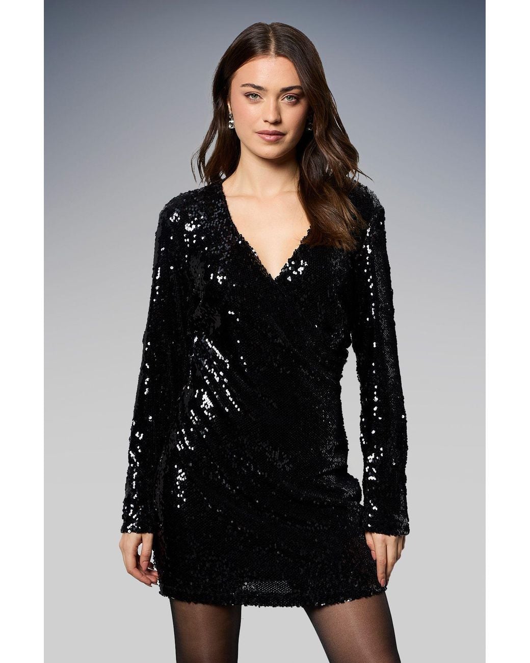 Dorothy Perkins Black Sequin Long Sleeve Ruched Wrap Mini Dress