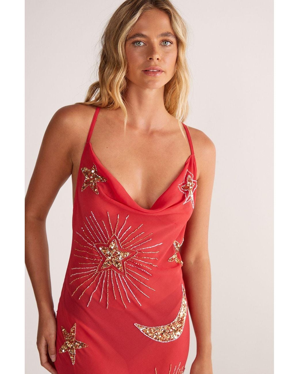Nasty Gal Red Premium Hand Embellished Celestial Cowl Neck Maxi Beach Dress