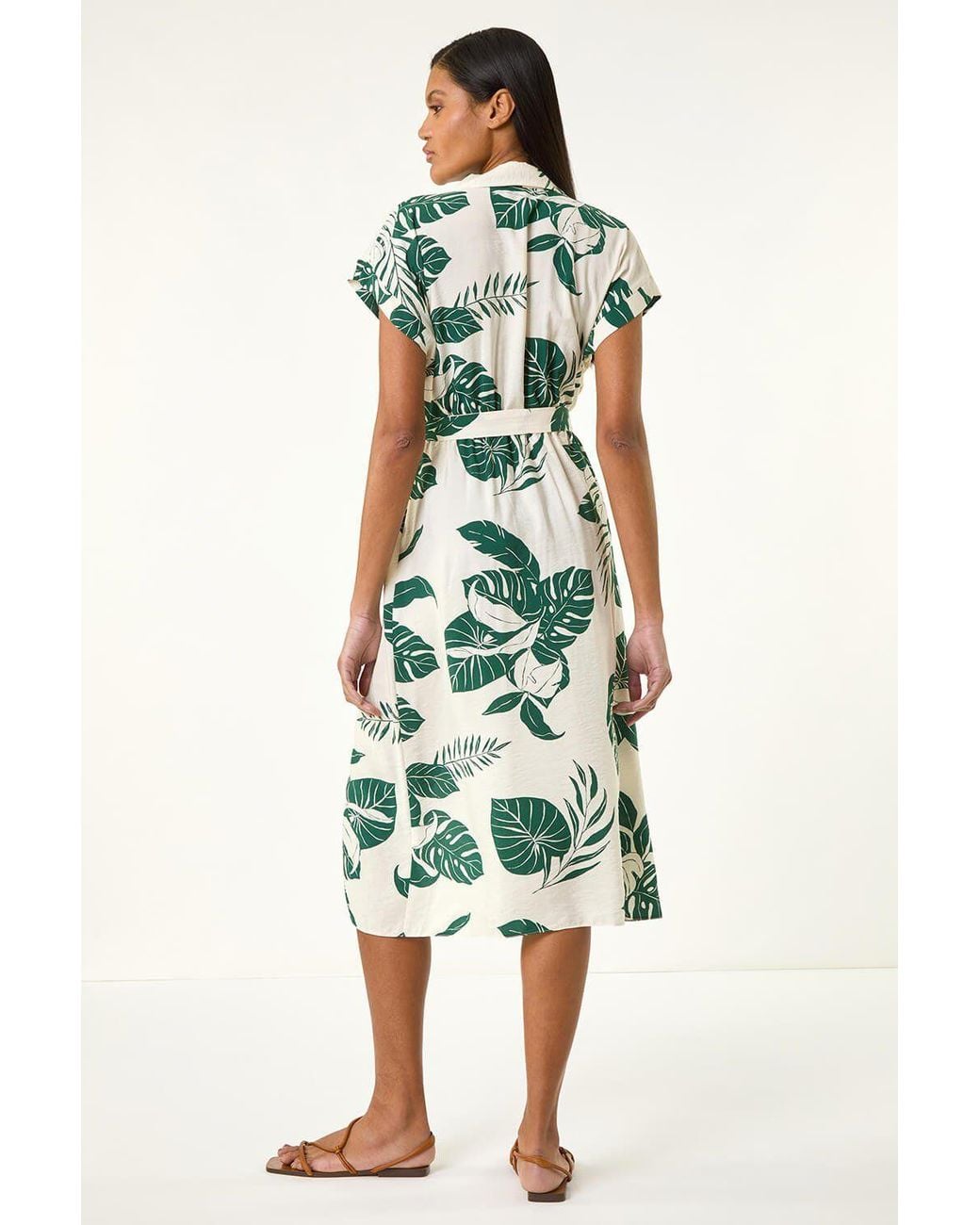 Roman Green Leaf Print Belted Shirt Midi Dress