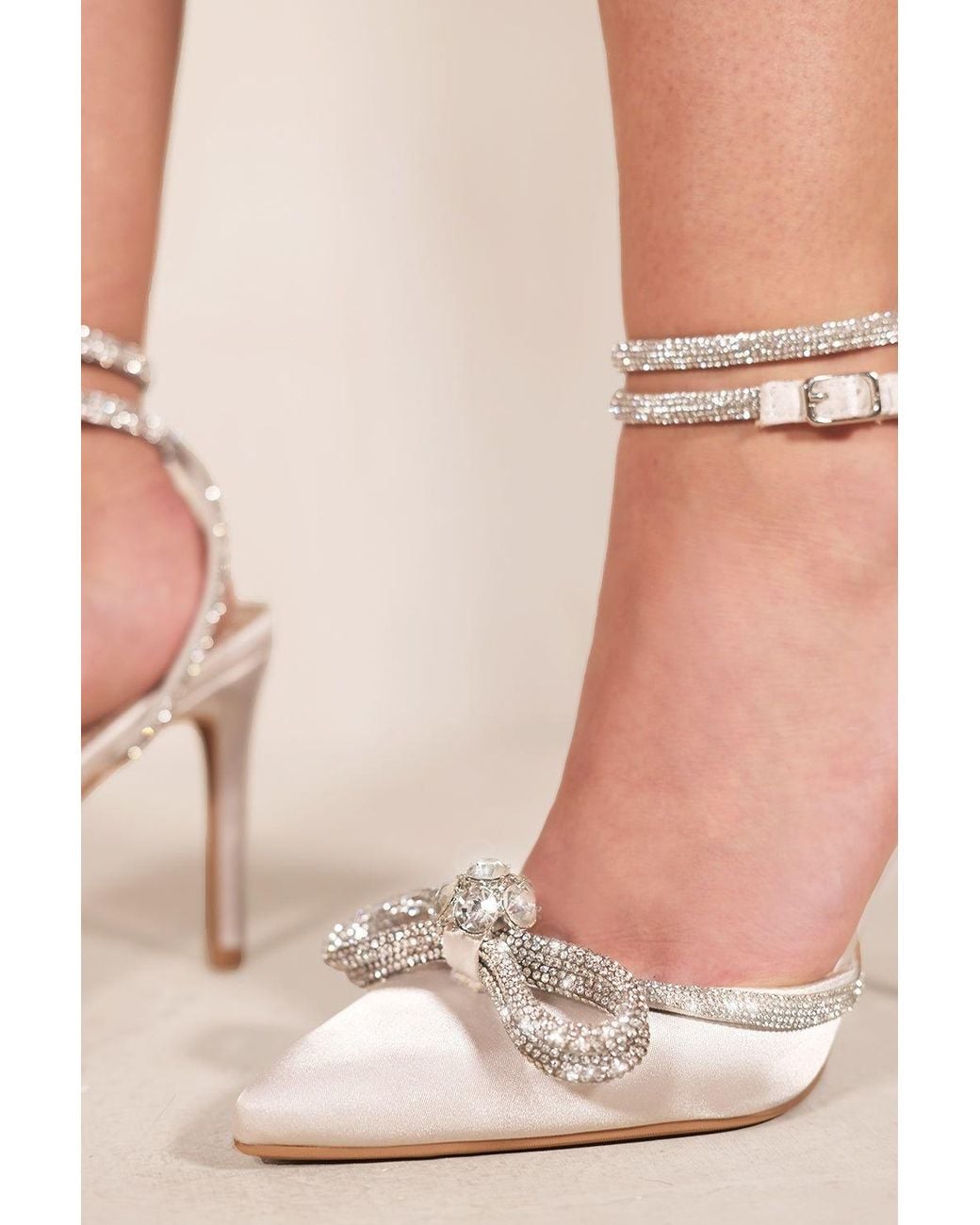 Where's That From Pink 'Fanen' Pointed Toe High Heels With Diamante Bow & Ankle Strap