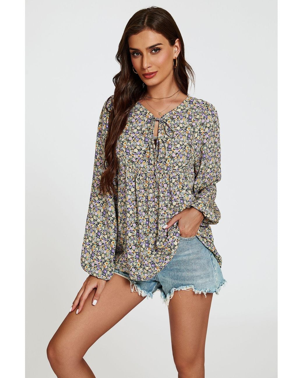 FS Collection Purple Floral Print Long Sleeve Blouse Top