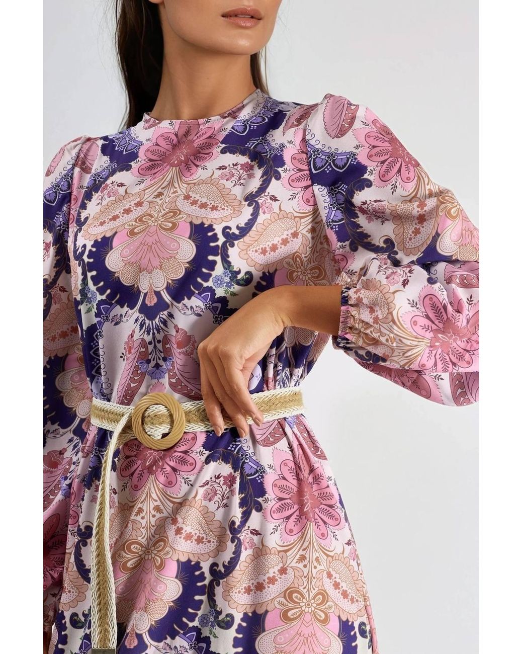 Msn-Collection Red Belted Paisley Patterned Midi Dress