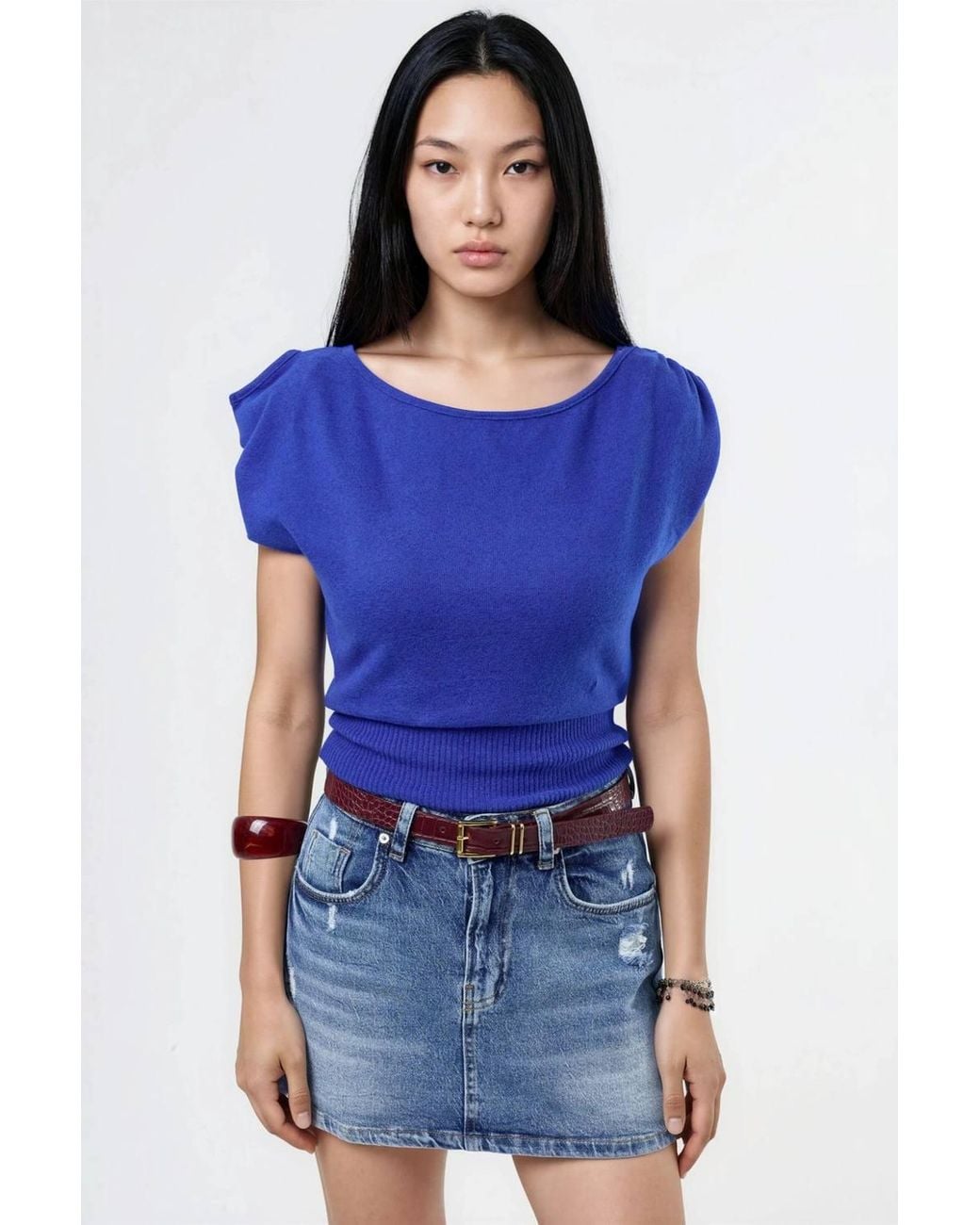 Busem Blue Boat Neck Ribbed Blouse