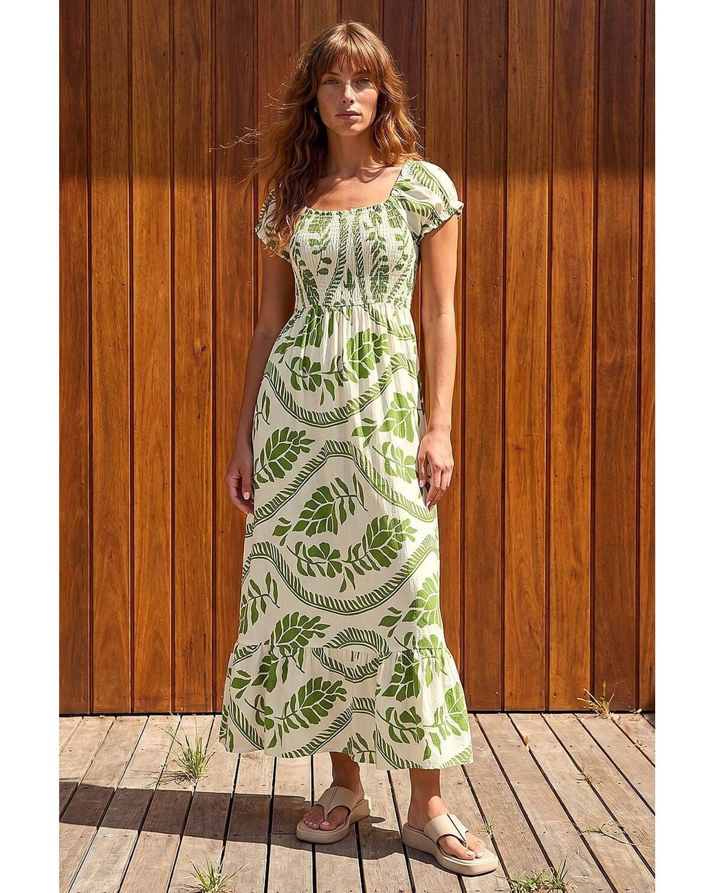 Roman Green Leaf Print Shirred Maxi Dress