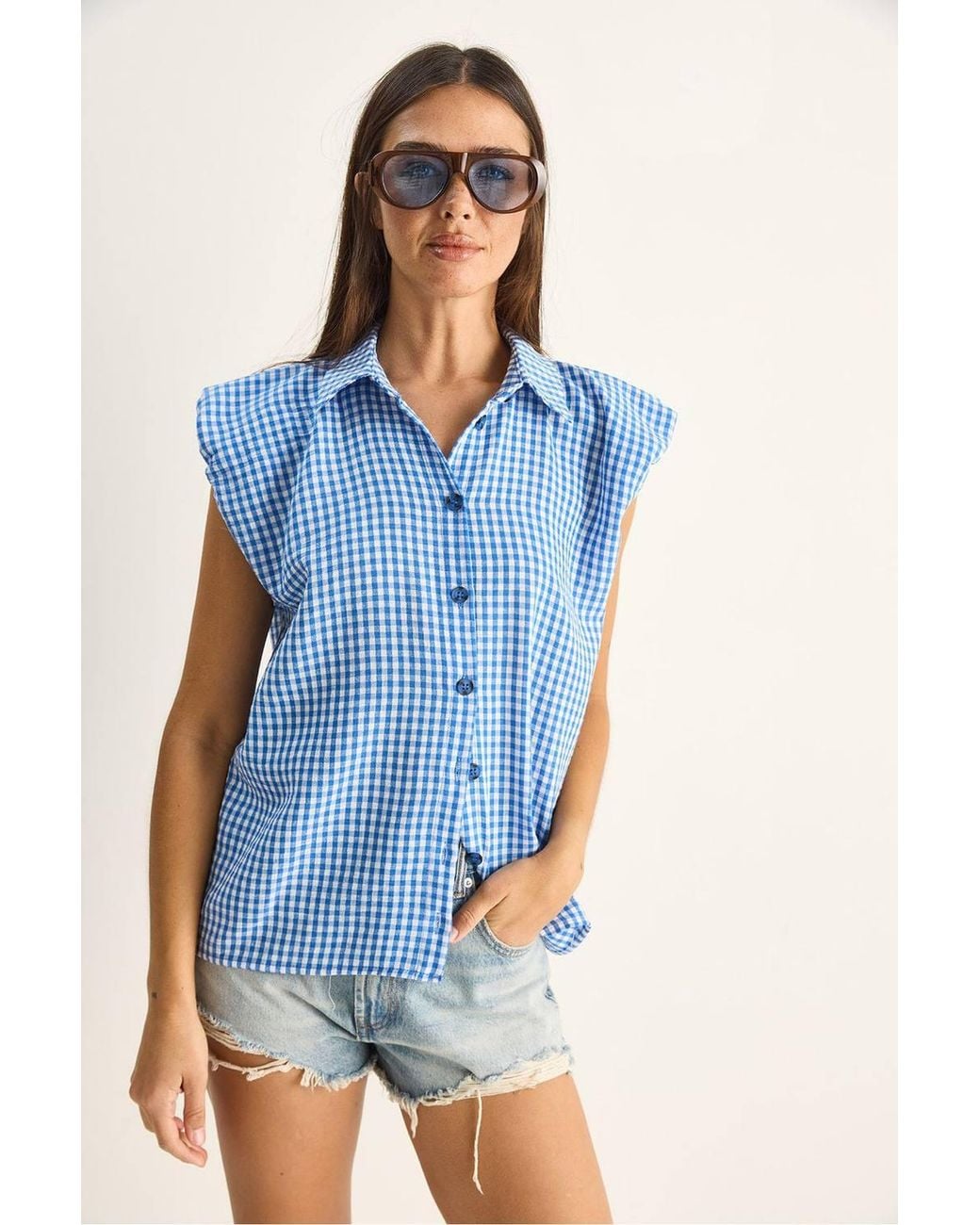 Bianco Lucci Blue Gingham Cotton Sleeveless Shirt
