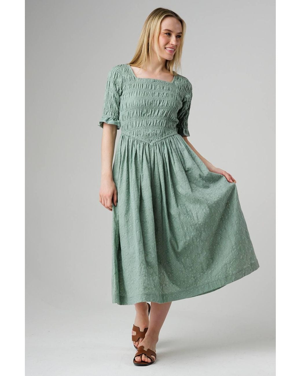 Native Youth Green Cotton Jacquard Shirred Short Sleeve Midi Dress