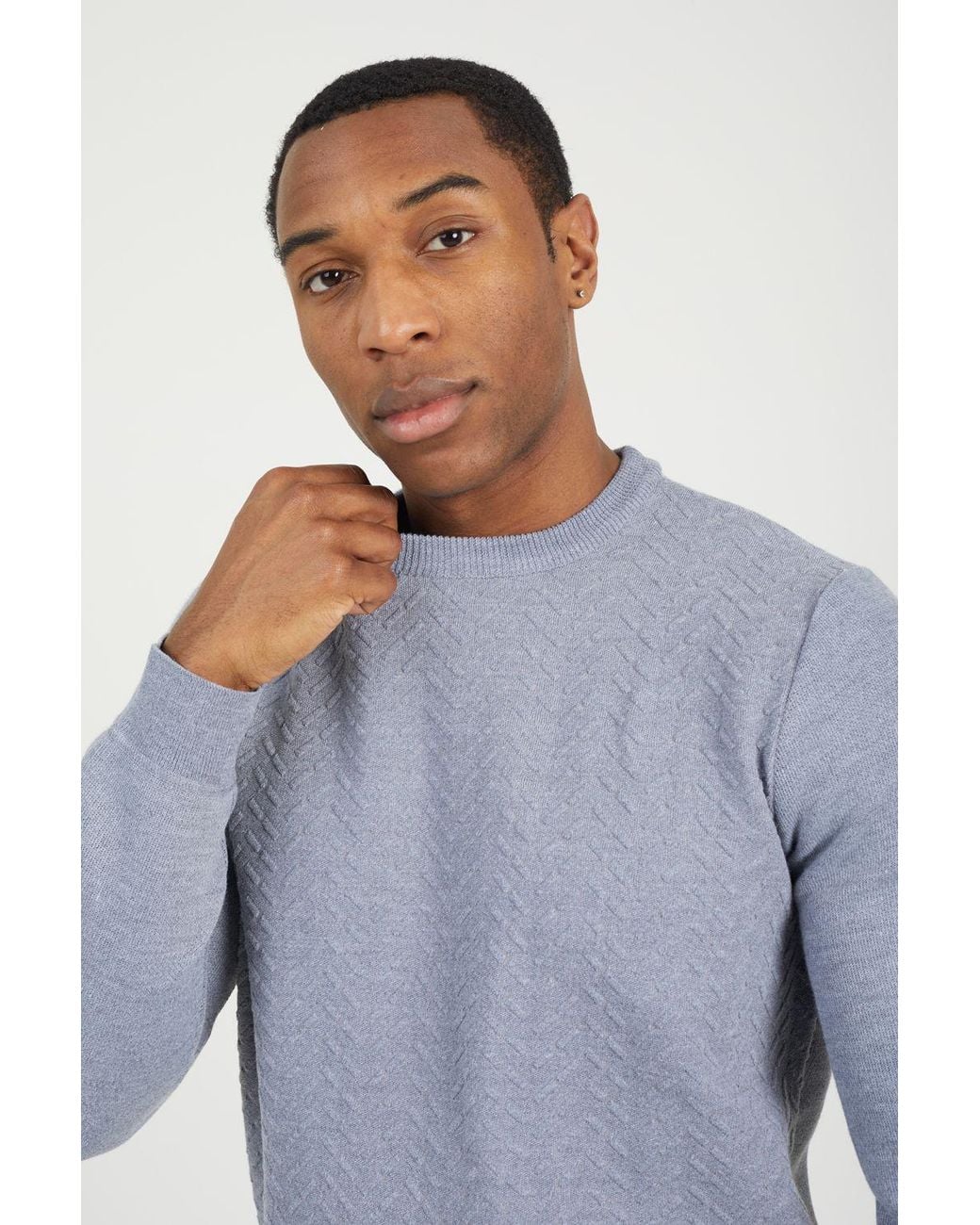 Brave Soul Blue Crew Neck Jaquard Knit Jumper for men