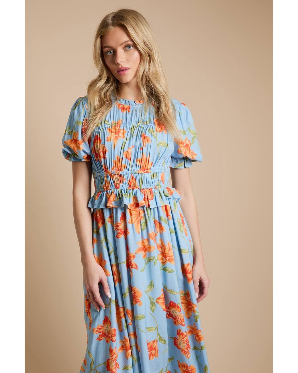 Dorothy Perkins Blue Shirred Bodice Frill Midi Dress