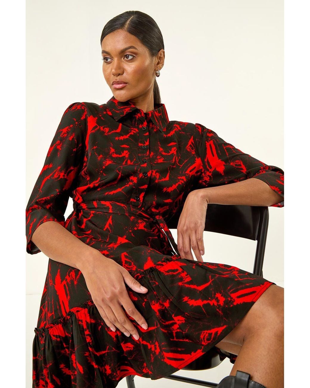 Roman Red Abstract Print Tie Waist Shirt Dress