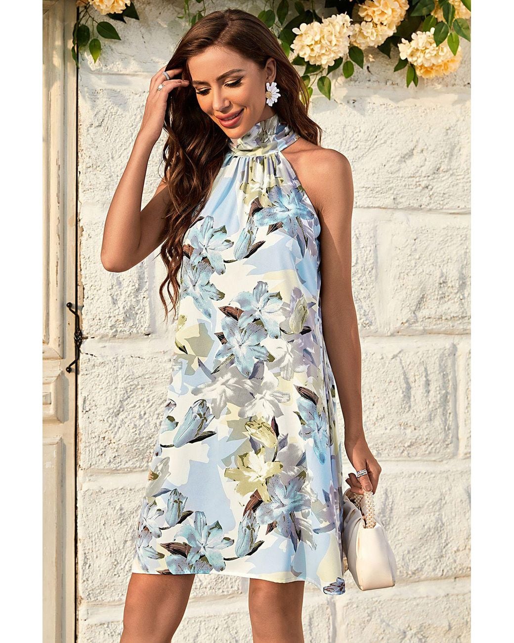 FS Collection Natural Floral Print Halter Neck Tie Back Mini Dress