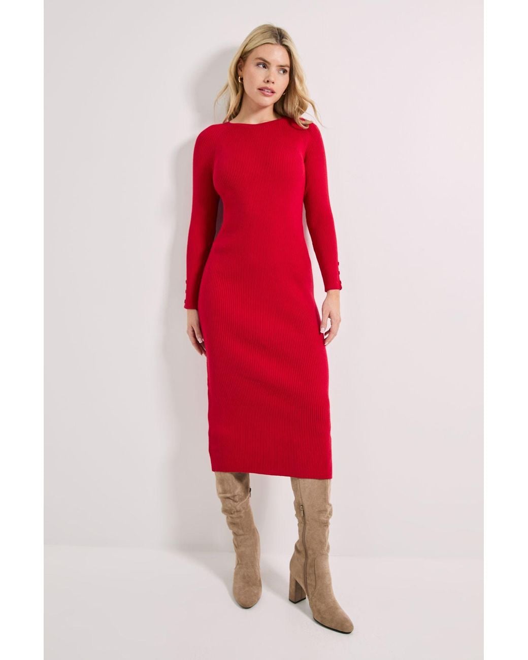 Dorothy Perkins Red Button Cuff Slim Knitted Midi Dress