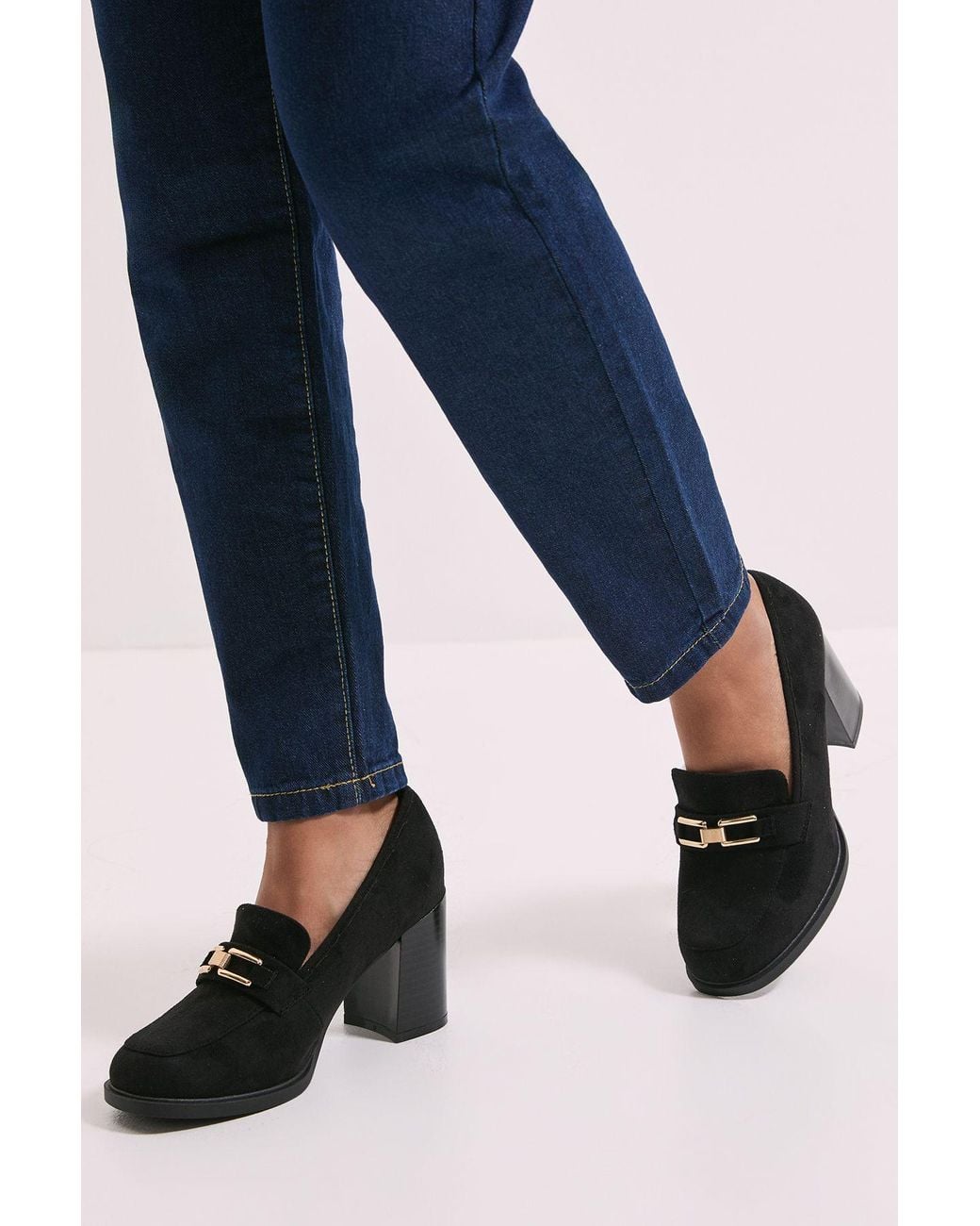 Dorothy Perkins Black Wide Fit Benita Faux Suede Snaffle Detail High Block Heeled Loafers