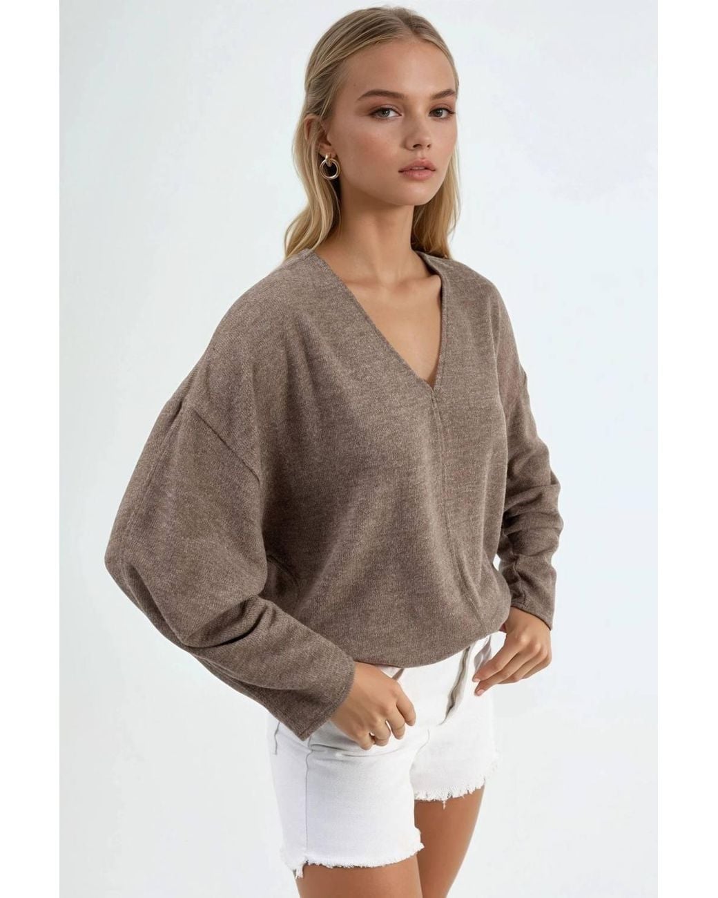 Busem Brown V-Neck Long Sleeve Blouse