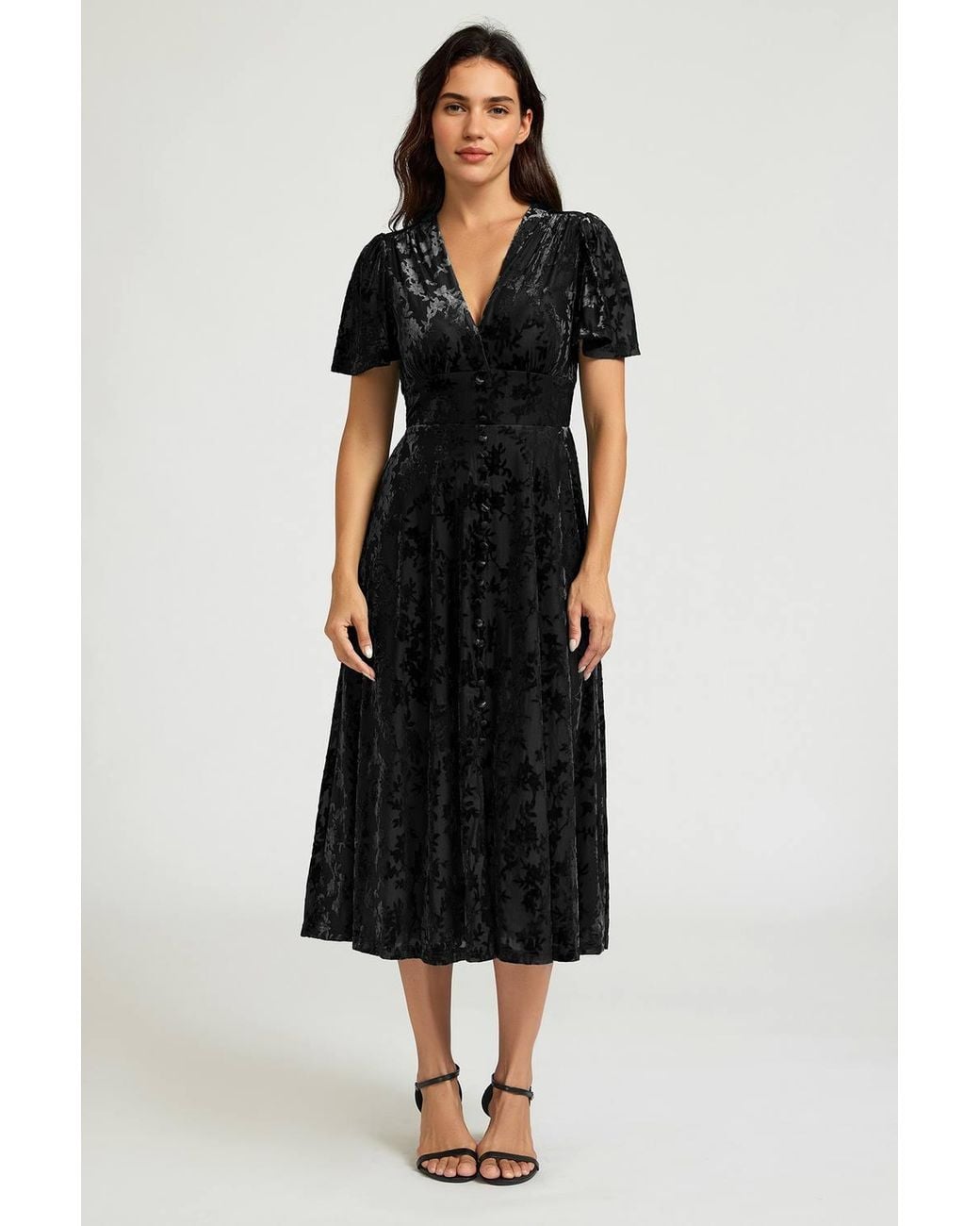 FS Collection Black Floral Velvet Devore V Neckline Dress
