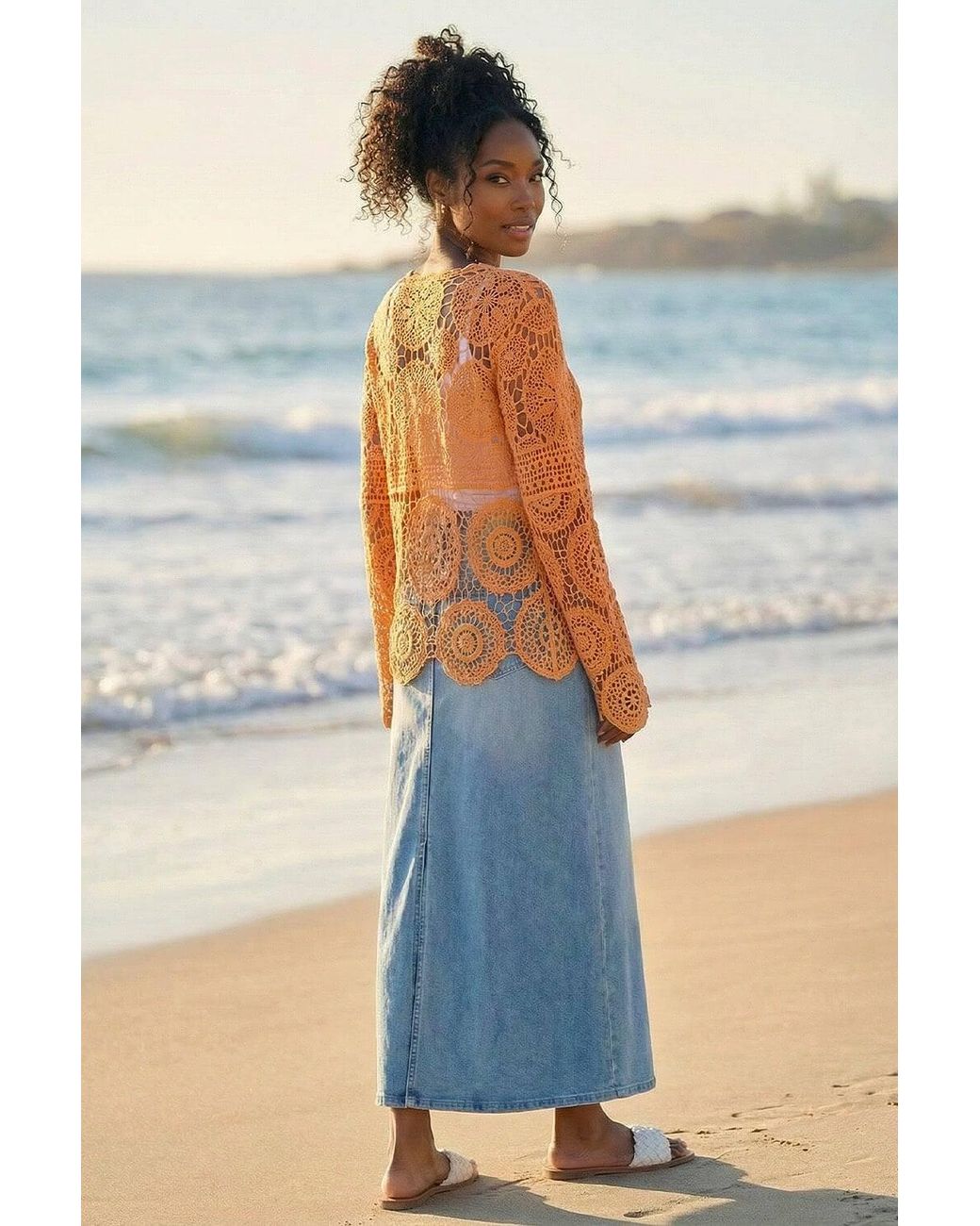 Roman Blue Crochet Tie Front Knit Cardigan
