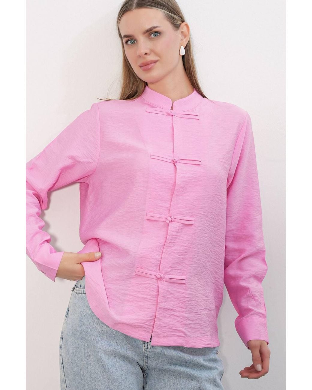 Bigdart Pink Viscose Nylon Grandad Collar Toggle Shirt