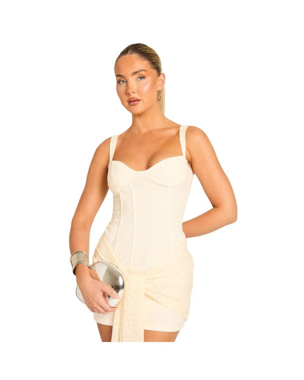 Rebellious Fashion Natural Lace Corset Detail Drape Mini Dress
