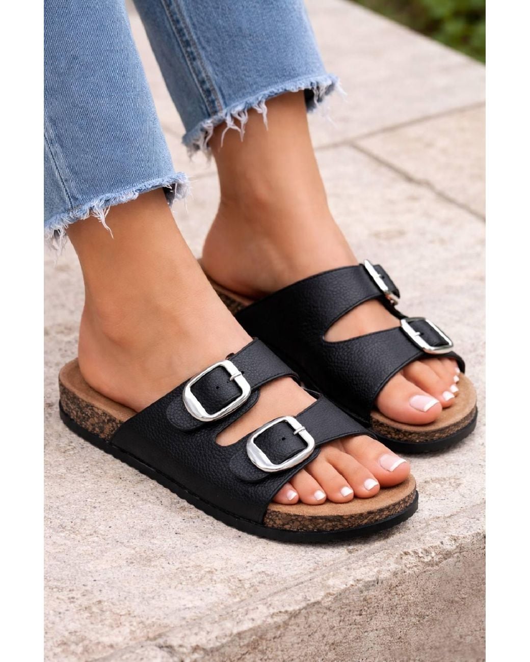 LARANGE Black Pu Leather Buckle Slider Slip-On Slides