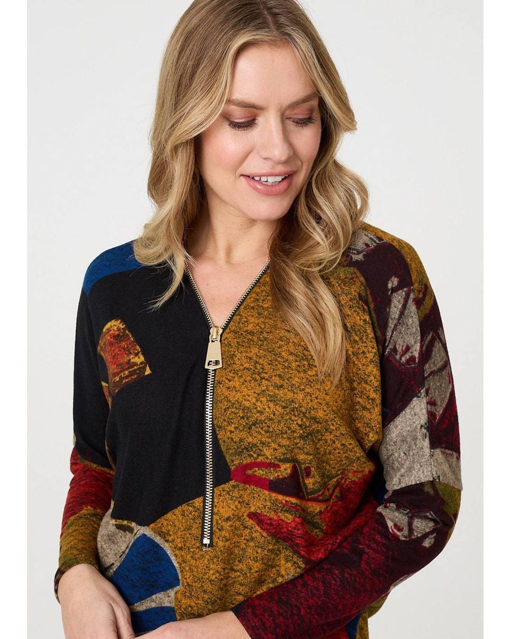 Izabel London Blue Abstract Zip V-Neck Long Sleeve Relaxed Top