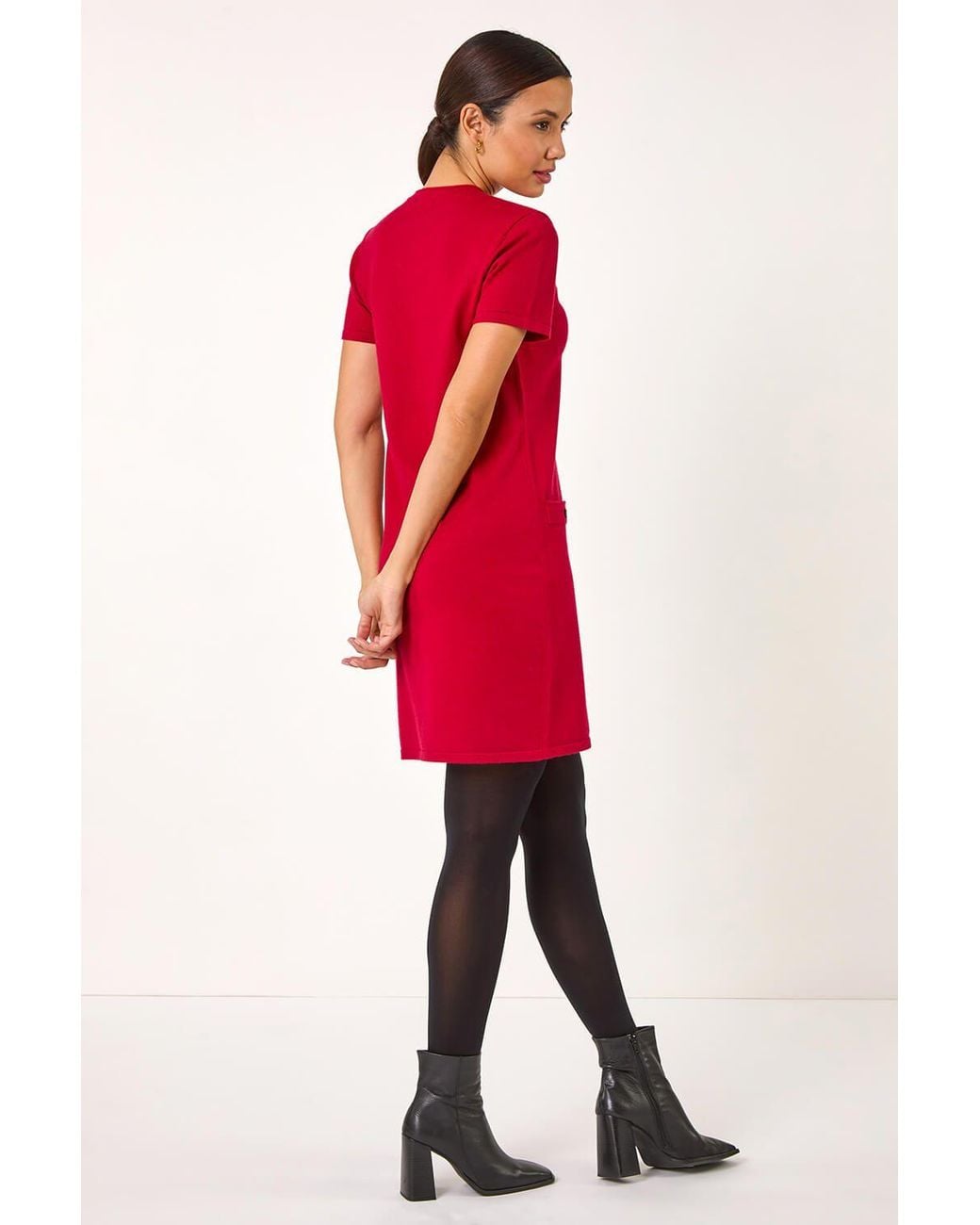 Roman Red Knitted Button Detail A-Line Dress