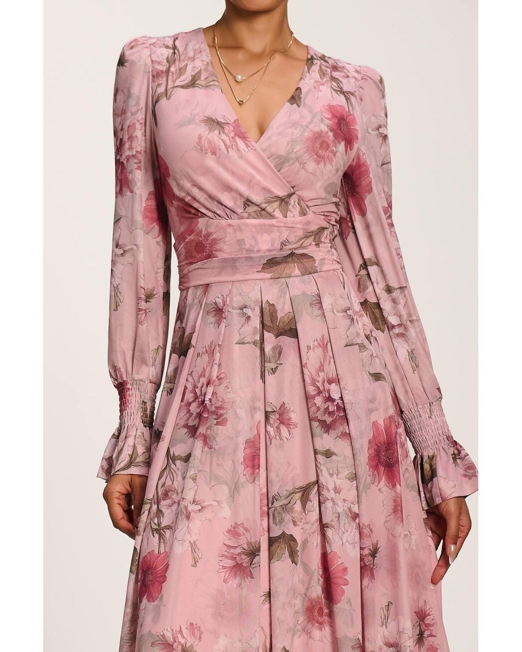 Jolie Moi Pink Long Sleeve V Neck Mesh Maxi Dress
